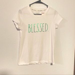 NWT Rae Dunn “BLESSED” T-Shirt white with green iridescent letters - XS